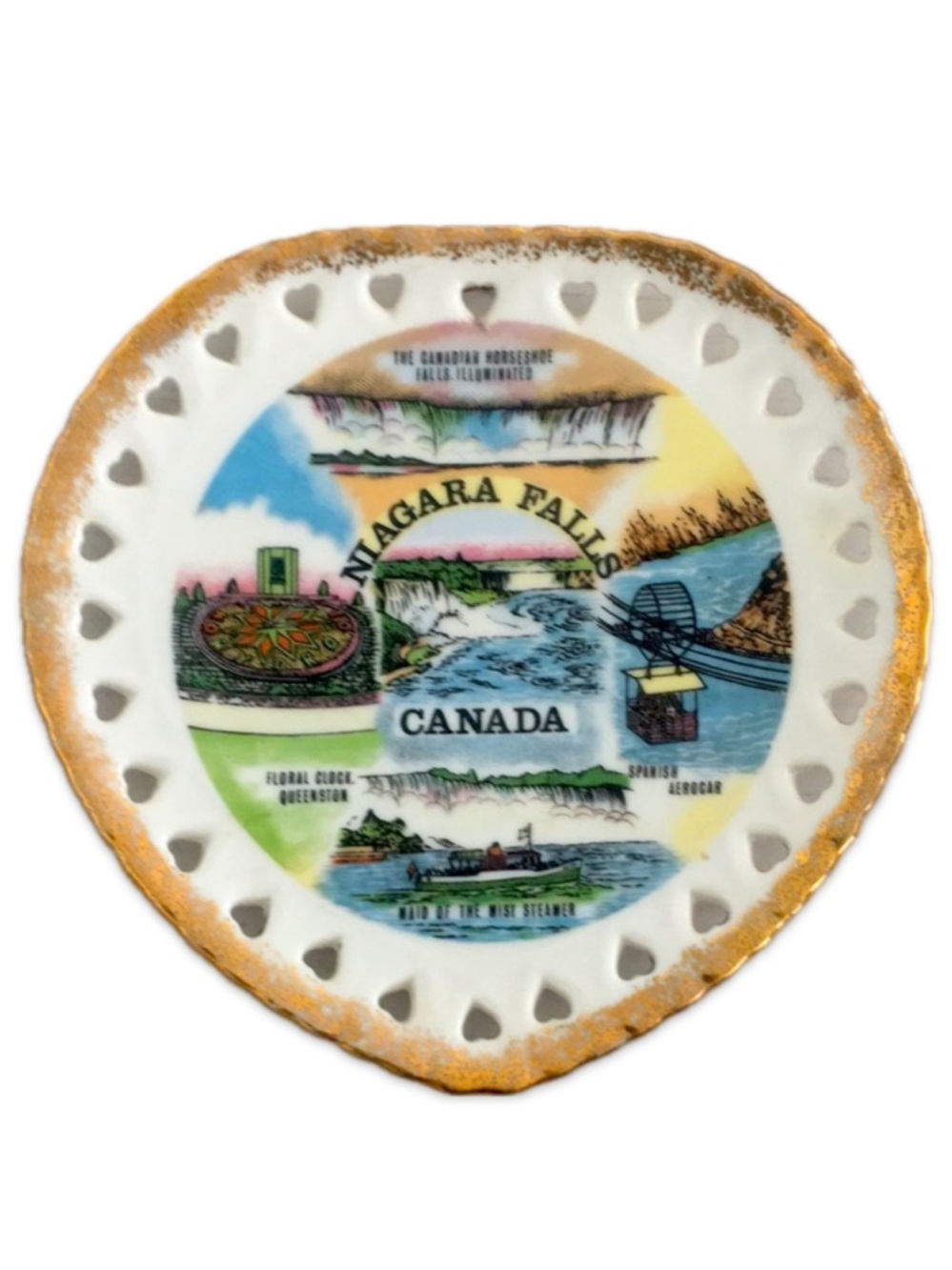 Vintage Niagara Falls Heart Shaped Souvenir Plate Gold Trim Made in Japan